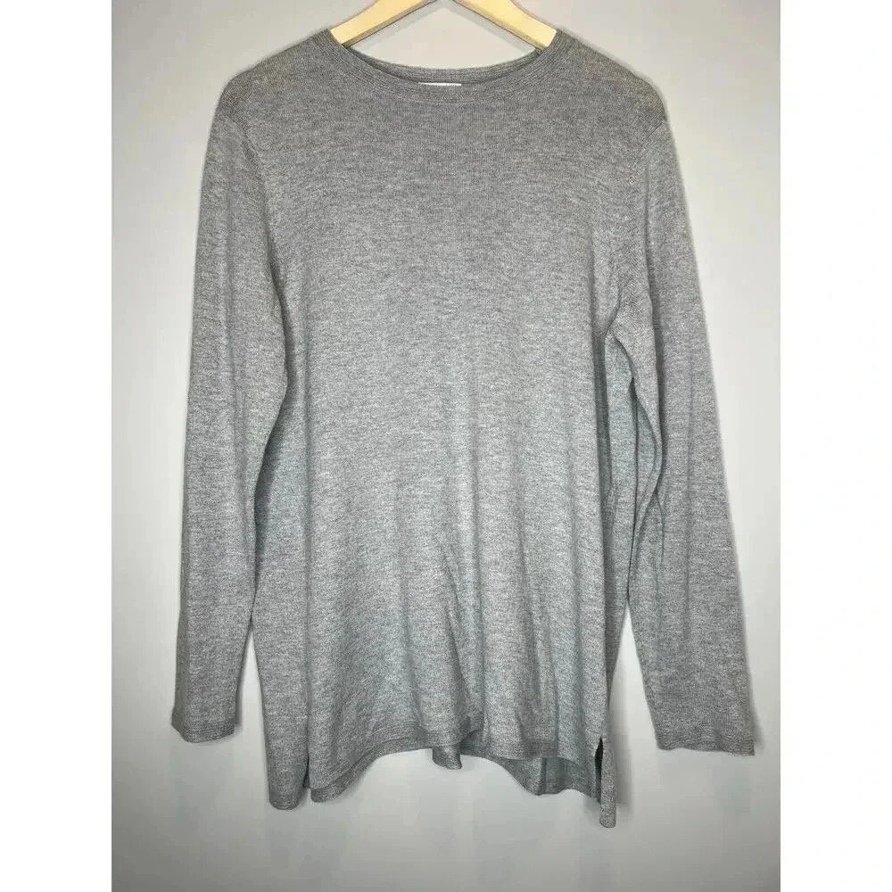 J Jill Grey Long Sleeve Pullover Sweater Hemline Slits Oversized Sz Petite Large